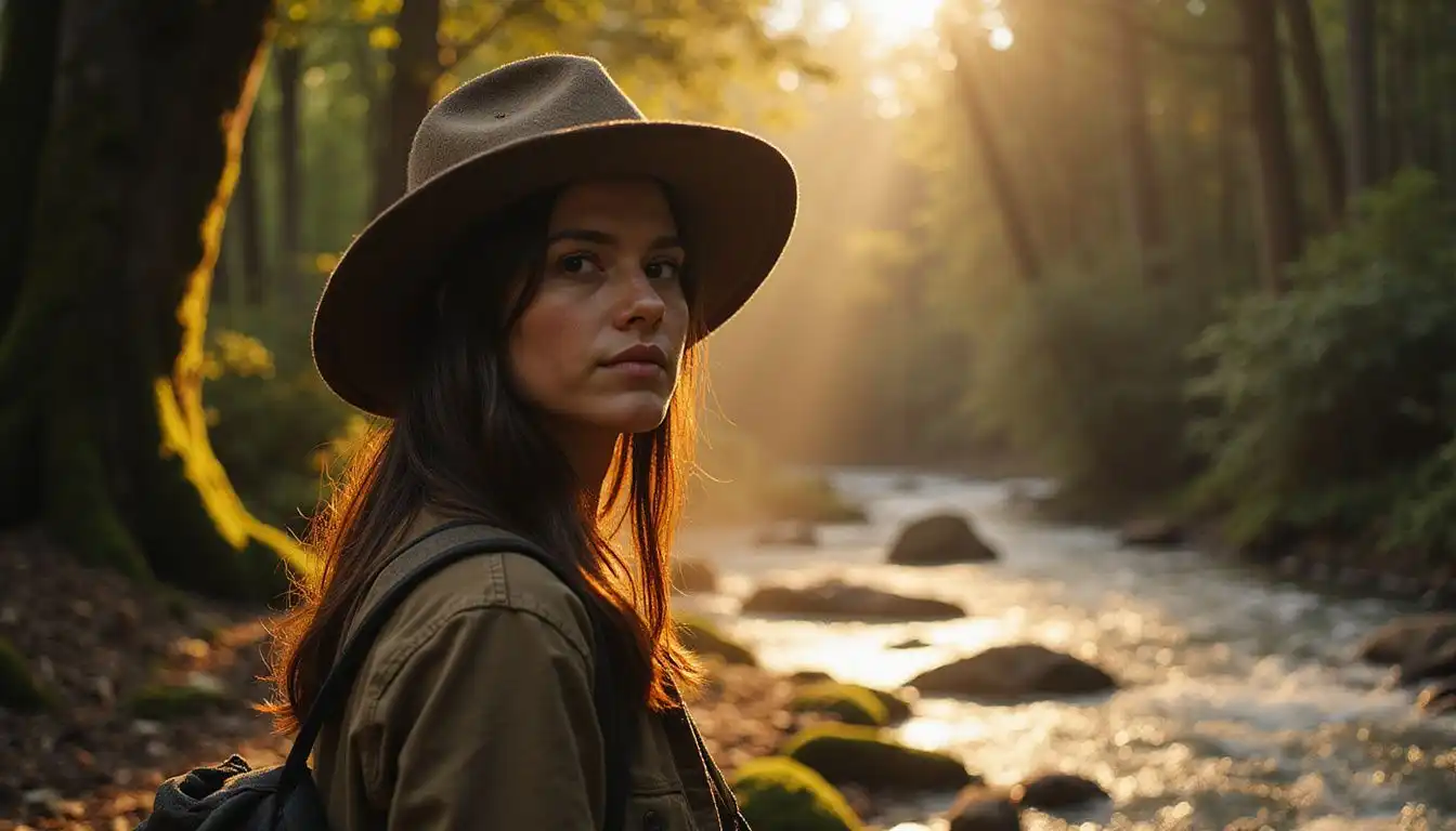 A determined woman navigates a mysterious, ancient forest by a river. A determined woman navigates a mysterious, ancient forest by a river.