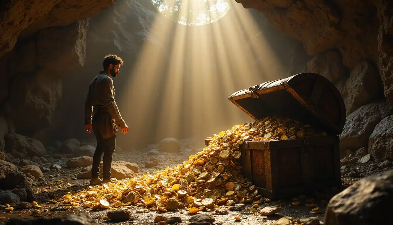 A treasure hunter discovers a magnificent, overflowing treasure chest in a cavern. A treasure hunter discovers a magnificent, overflowing treasure chest in a cavern.