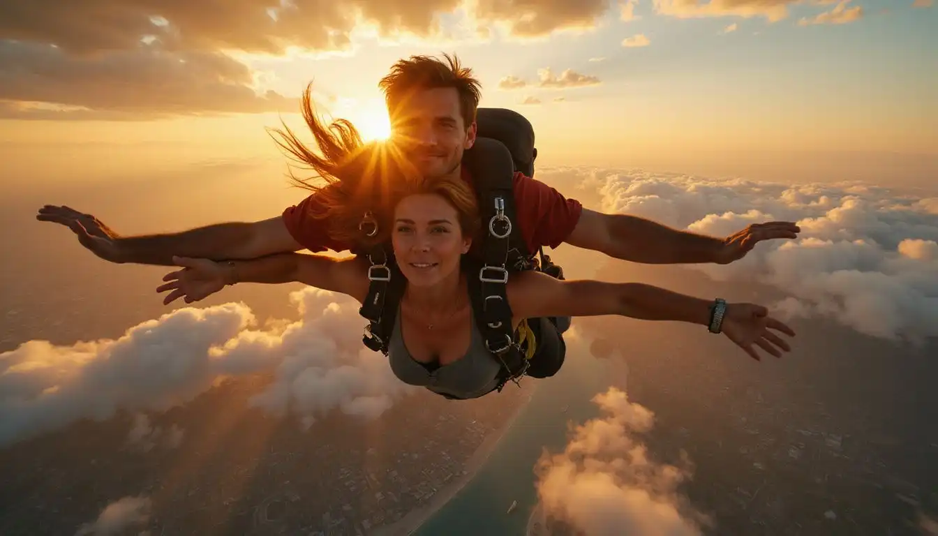 A couple skydives over Dubai, capturing a thrilling moment of freedom. A couple skydives over Dubai, capturing a thrilling moment of freedom.