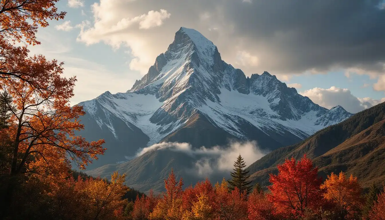 A stunning snowy mountain peak contrasts with vibrant autumn leaves. A stunning snowy mountain peak contrasts with vibrant autumn leaves.