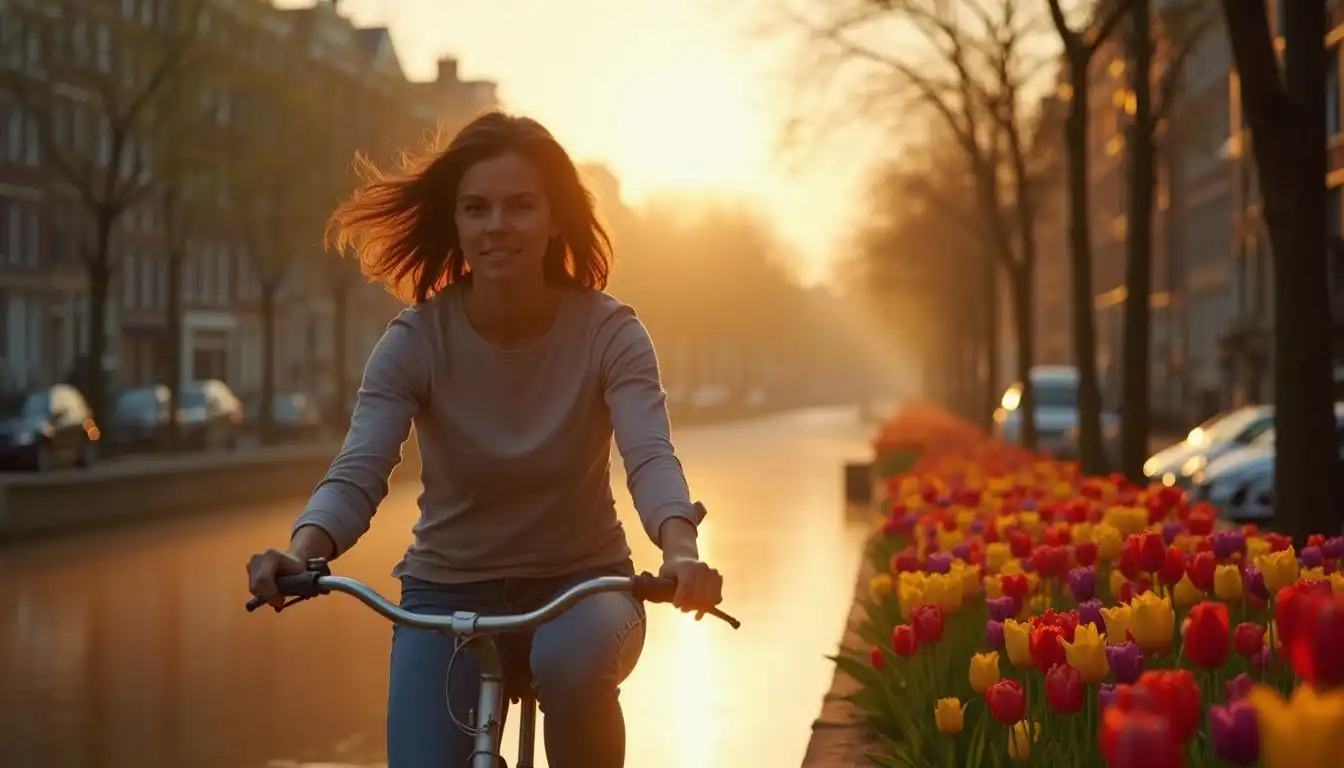 A woman pedals thoughtfully along an Amsterdam canal surrounded by tulips. A woman pedals thoughtfully along an Amsterdam canal surrounded by tulips.