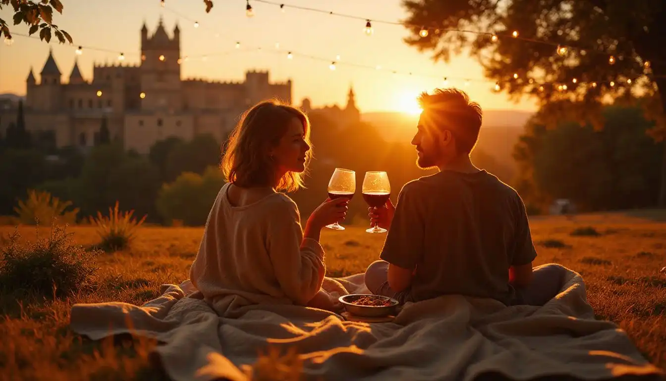 A couple enjoys a romantic picnic with tapas and wine. A couple enjoys a romantic picnic with tapas and wine.