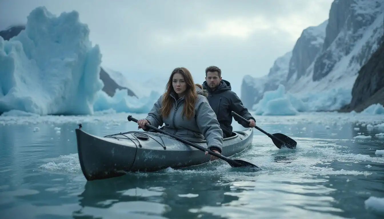 A couple navigates a kayak through icy Antarctic glaciers.