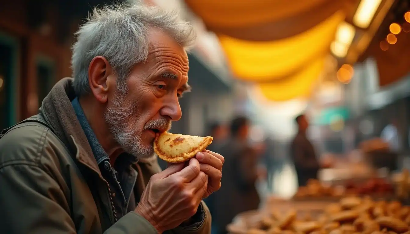 An elderly man enjoys an empanada in a lively Buenos Aires market. An elderly man enjoys an empanada in a lively Buenos Aires market.