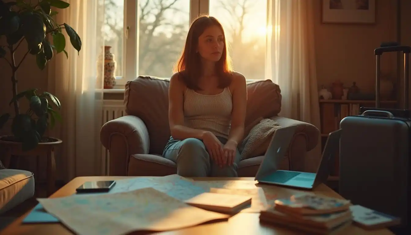 A woman sits thoughtfully, surrounded by travel essentials, ready for adventure. A woman sits thoughtfully, surrounded by travel essentials, ready for adventure.