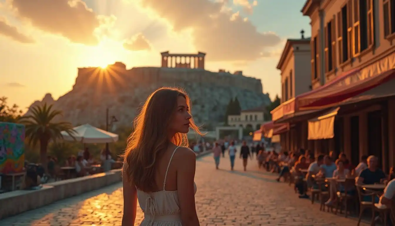 A woman gazes at the majestic Acropolis amidst lively streets. A woman gazes at the majestic Acropolis amidst lively streets.