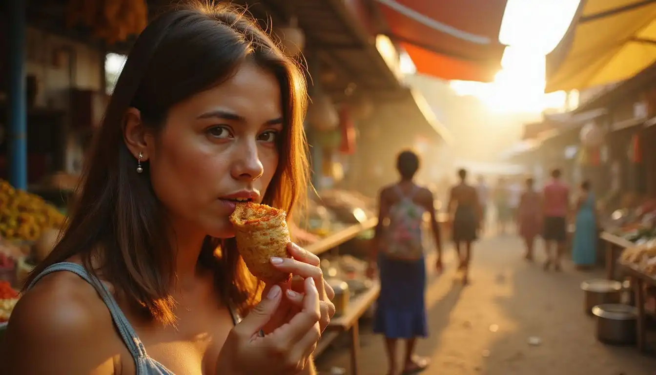 A woman enjoys street food amidst a bustling market atmosphere. A woman enjoys street food amidst a bustling market atmosphere.
