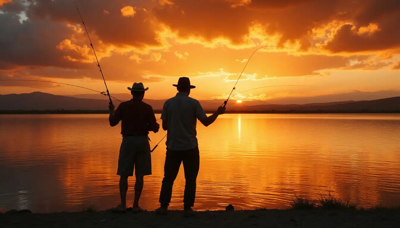 Fishermen cast their lines on a serene Namibian lake at sunset. Fishermen cast their lines on a serene Namibian lake at sunset.