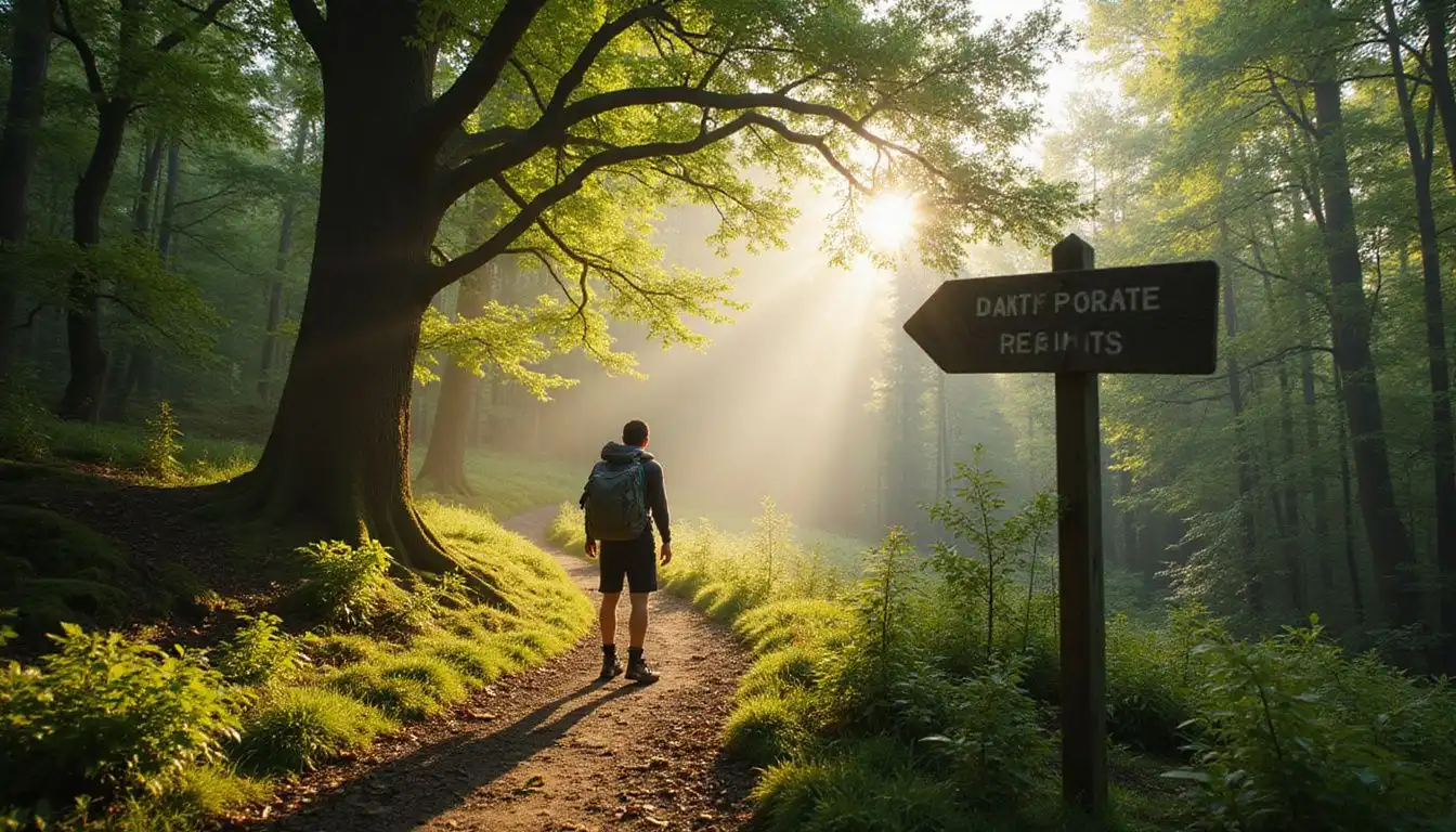 A solitary hiker pauses on a winding trail through a lush forest. A solitary hiker pauses on a winding trail through a lush forest.