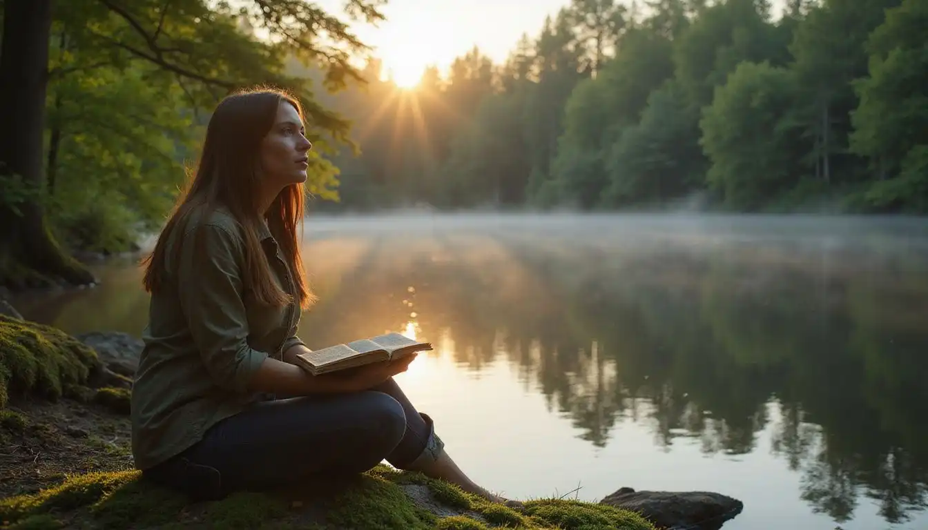 A woman sits quietly by a serene lake, lost in thought. A woman sits quietly by a serene lake, lost in thought.
