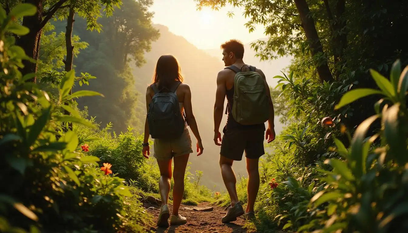 A couple hikes a lush mountain trail in Sri Lanka's wilderness.