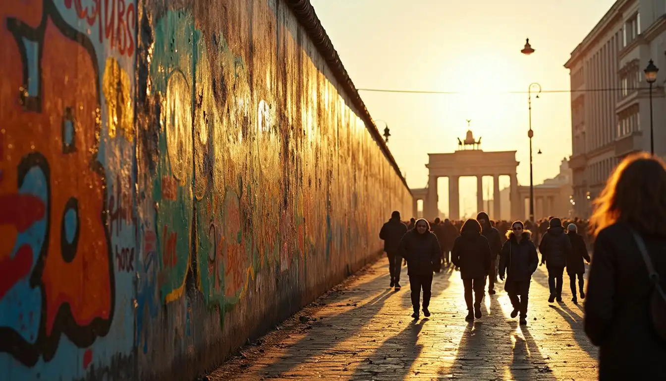 A vibrant, graffiti-covered Berlin Wall showcases history amidst lively urban energy. A vibrant, graffiti-covered Berlin Wall showcases history amidst lively urban energy.