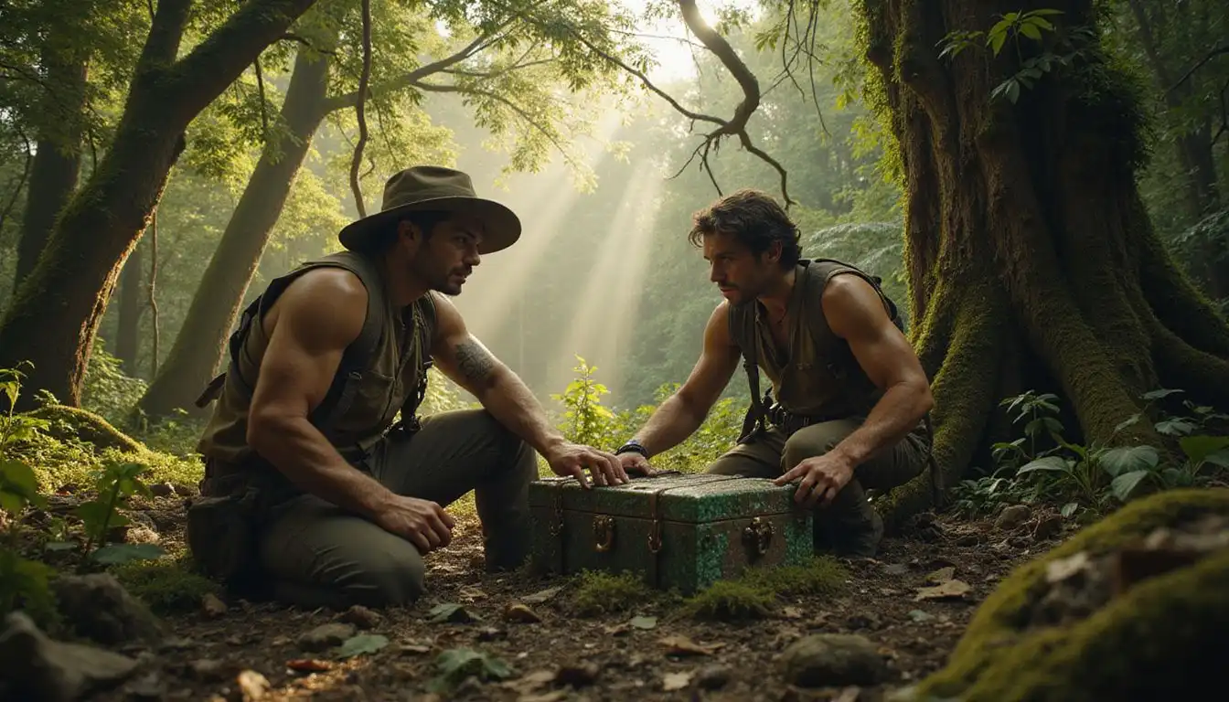 Two rugged treasure hunters discover a hidden jade-encrusted chest in jungle ruins.