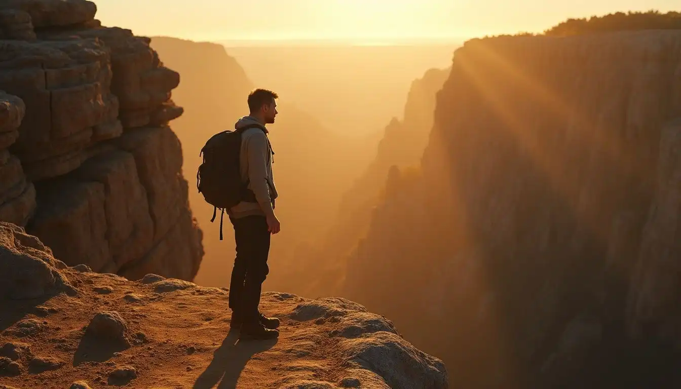A hiker stands at the edge of California's dramatic Black Point Fissures. A hiker stands at the edge of California's dramatic Black Point Fissures.