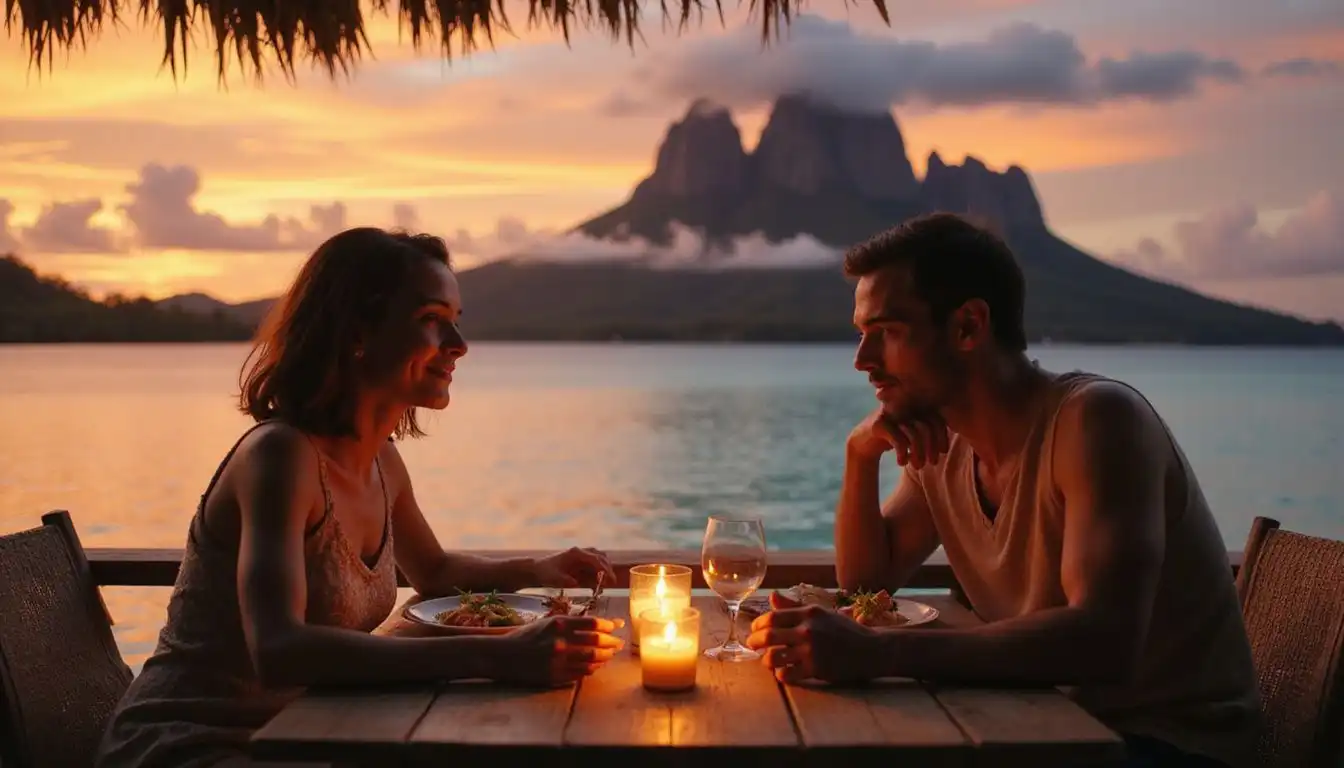 A couple shares an intimate dinner at a romantic overwater bungalow. A couple shares an intimate dinner at a romantic overwater bungalow.