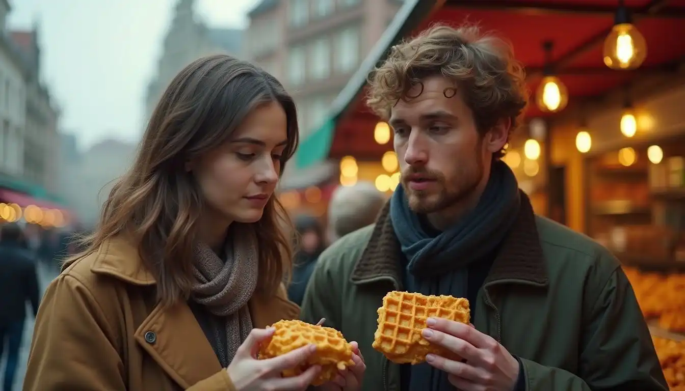 A couple enjoys Belgian waffles at a lively Brussels market. A couple enjoys Belgian waffles at a lively Brussels market.