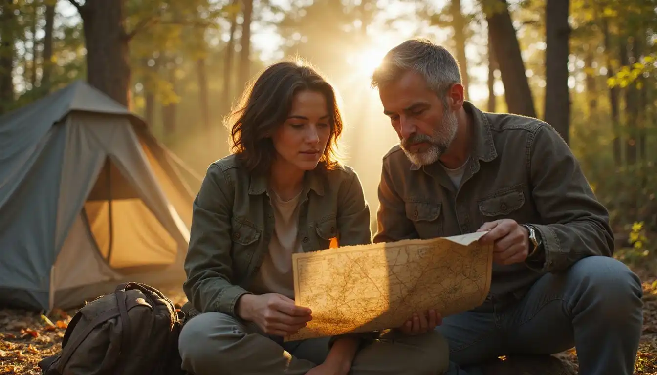A couple examines a map during a rustic outdoor adventure. A couple examines a map during a rustic outdoor adventure.