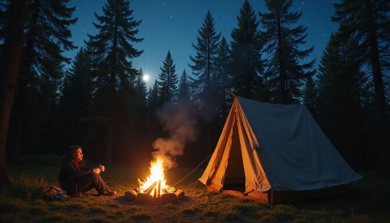 A tranquil campfire scene in a serene forest at night. A tranquil campfire scene in a serene forest at night.