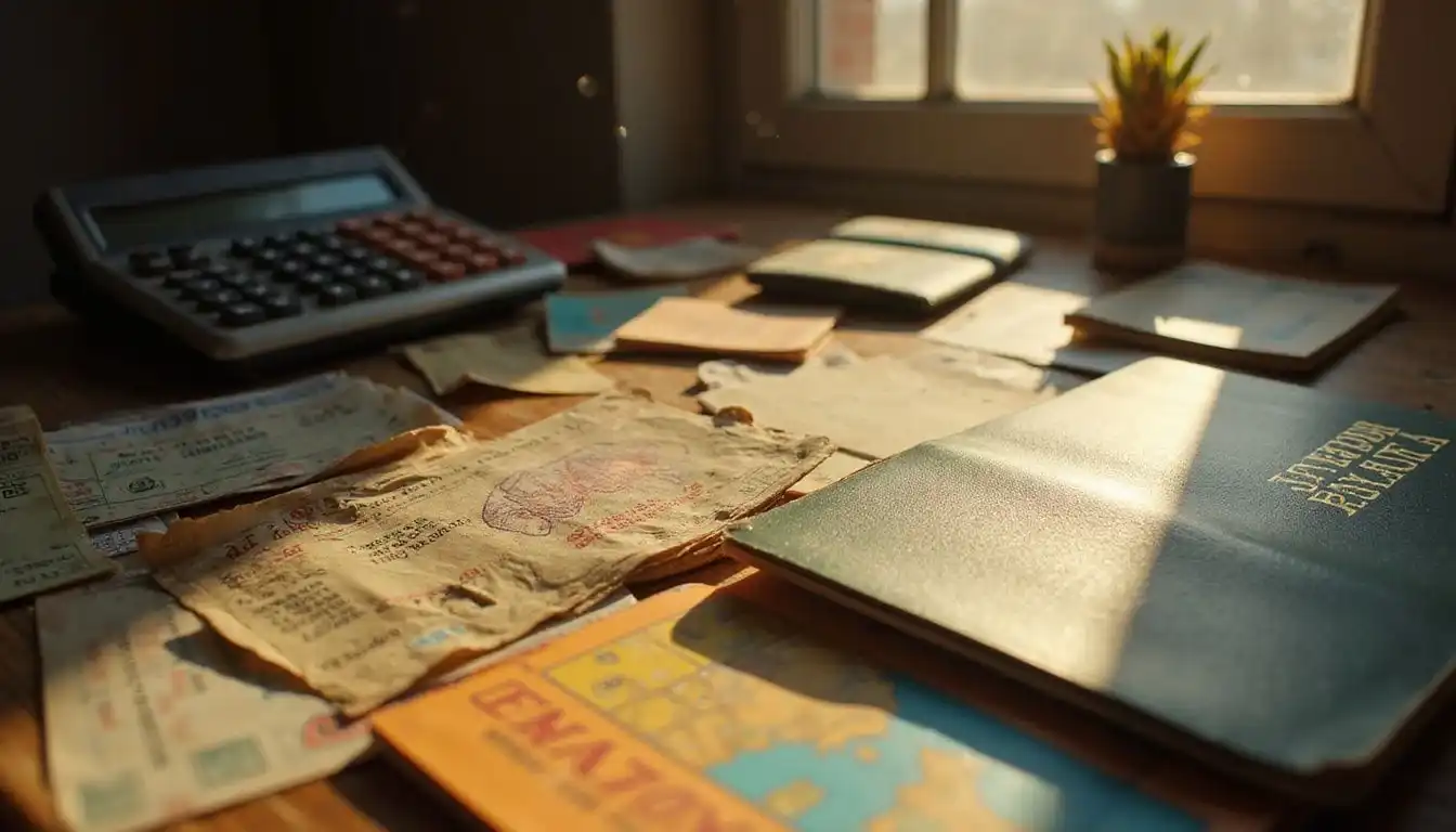A cluttered desk filled with travel planning materials and anticipation.