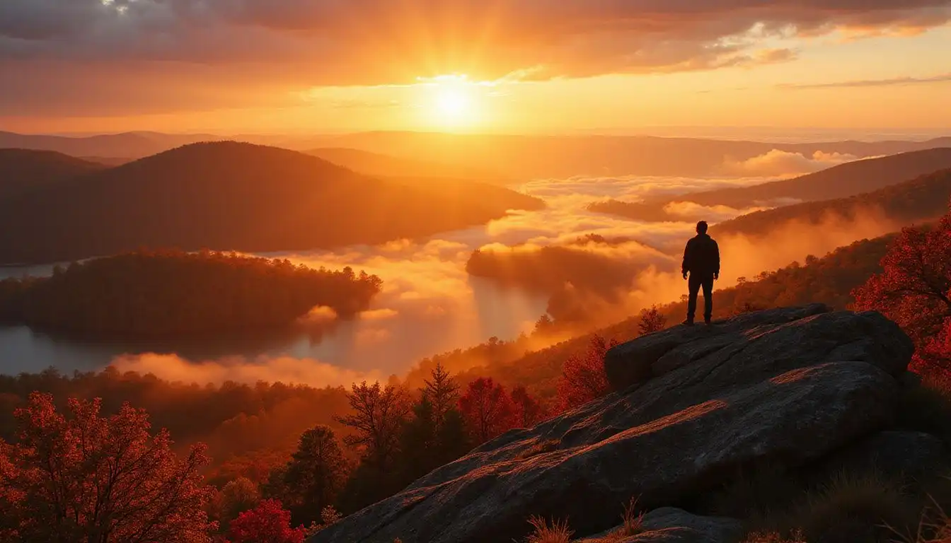 A lone figure enjoys a serene autumn sunset over the Ozarks. A lone figure enjoys a serene autumn sunset over the Ozarks.