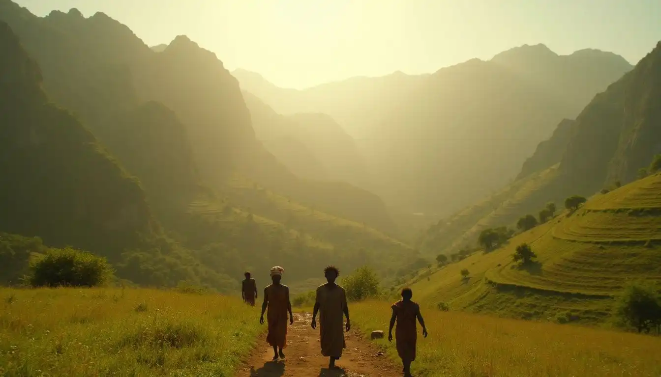 A picturesque rural landscape depicts villagers harmoniously engaging with nature. A picturesque rural landscape depicts villagers harmoniously engaging with nature.