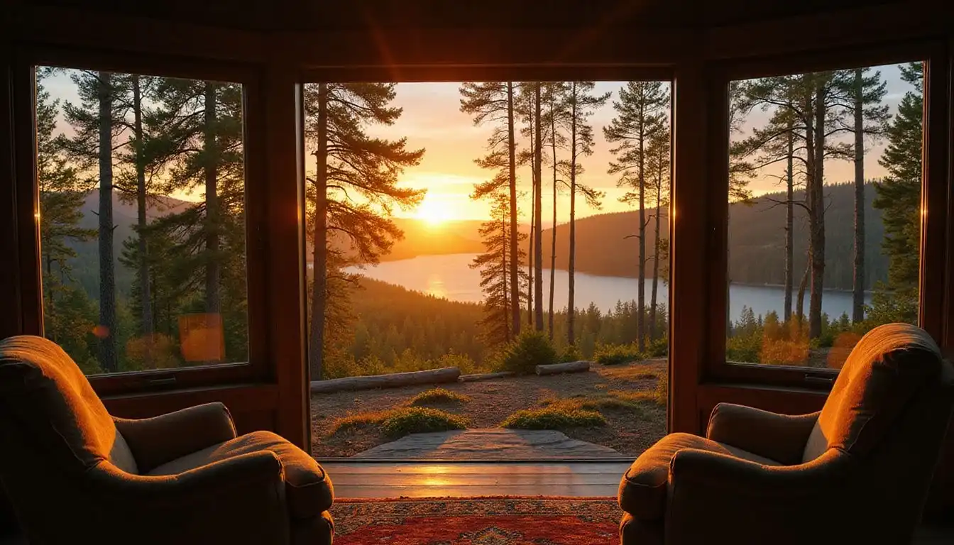 A cozy rustic cabin nestled in a misty forest at twilight.