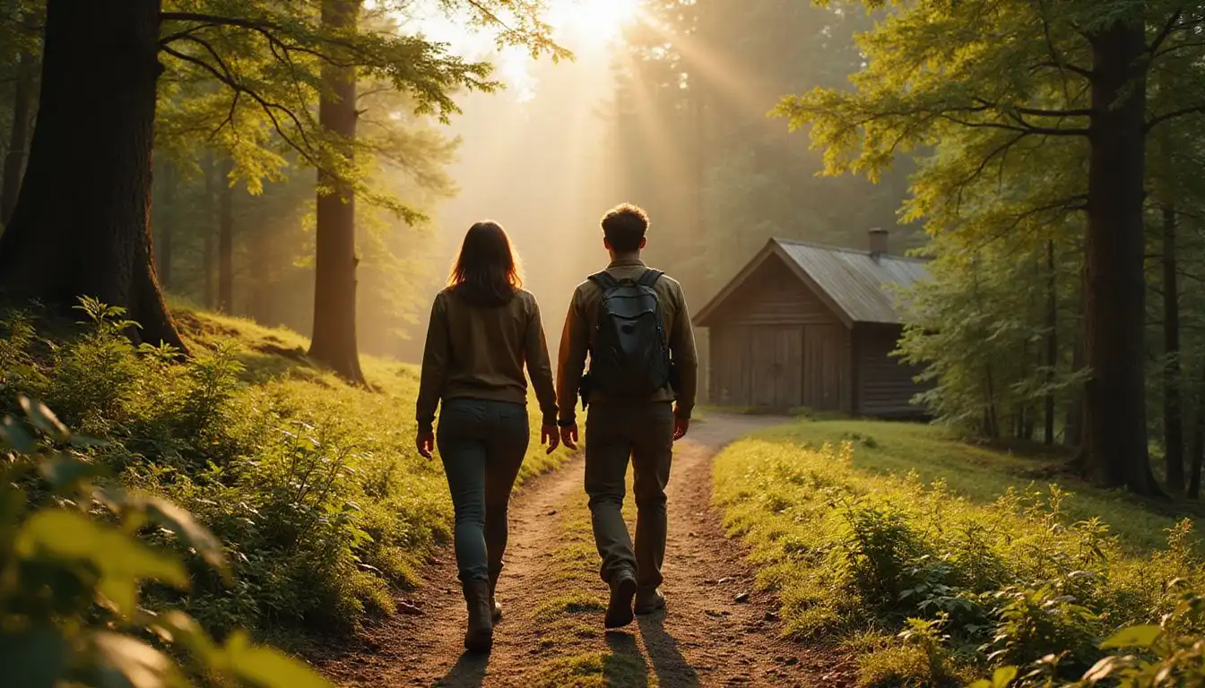 A couple walks determinedly along a winding forest trail. A couple walks determinedly along a winding forest trail.