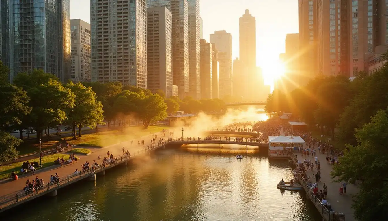 A vibrant cityscape blends nature and urban life at golden hour. A vibrant cityscape blends nature and urban life at golden hour.