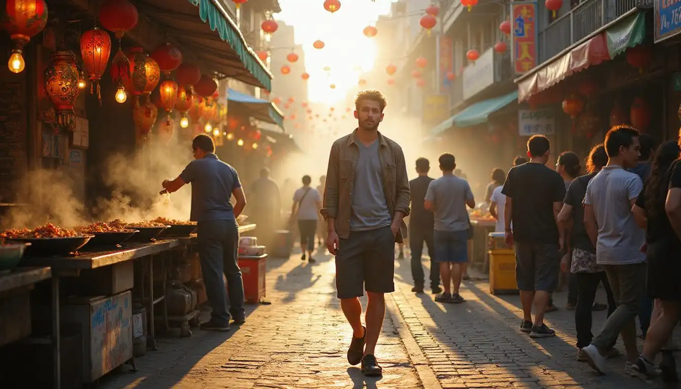 A vibrant street food market bustling with diverse vendors and patrons. A vibrant street food market bustling with diverse vendors and patrons.