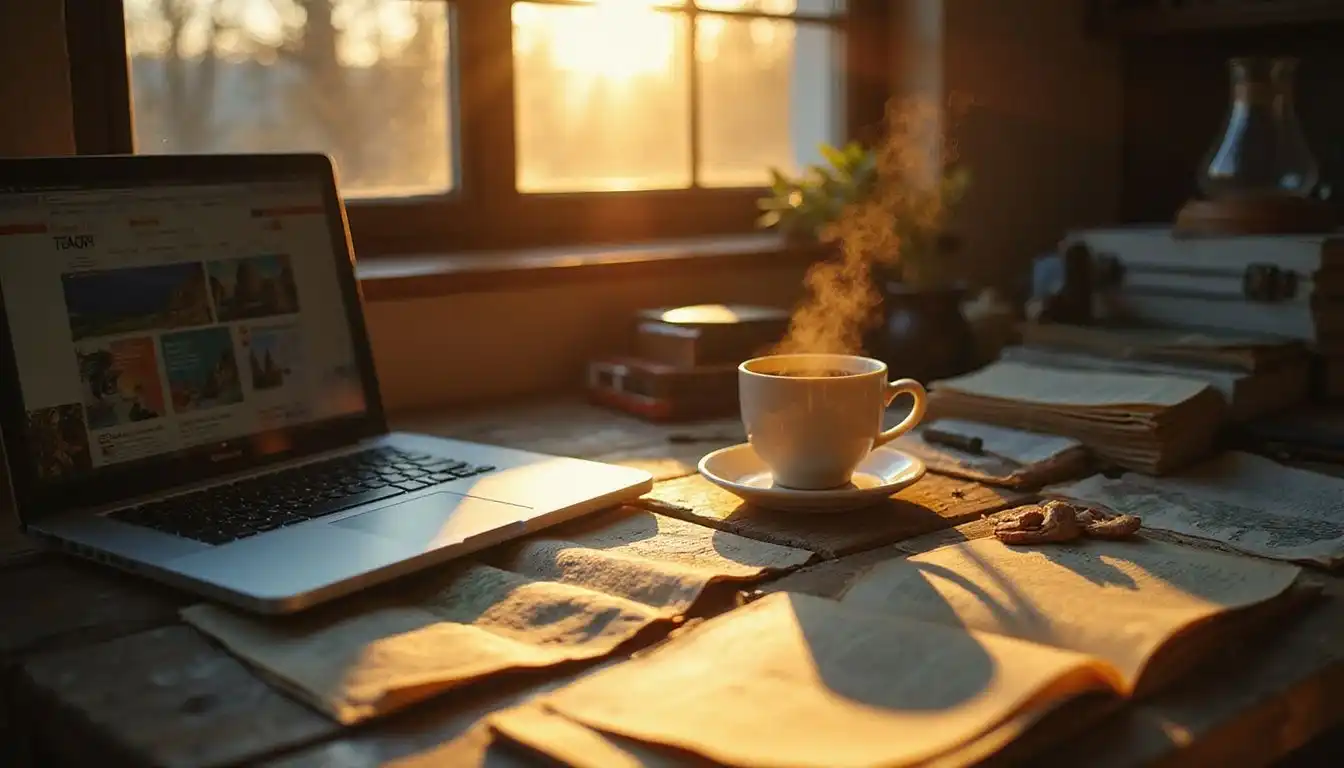 Cozy home office corner filled with travel guides and coffee.