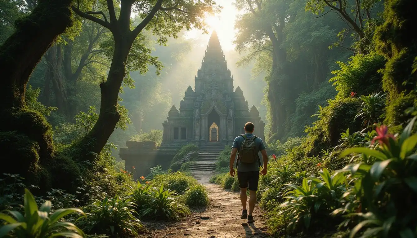A hiker explores a mysterious, ancient temple hidden in a rainforest. A hiker explores a mysterious, ancient temple hidden in a rainforest.