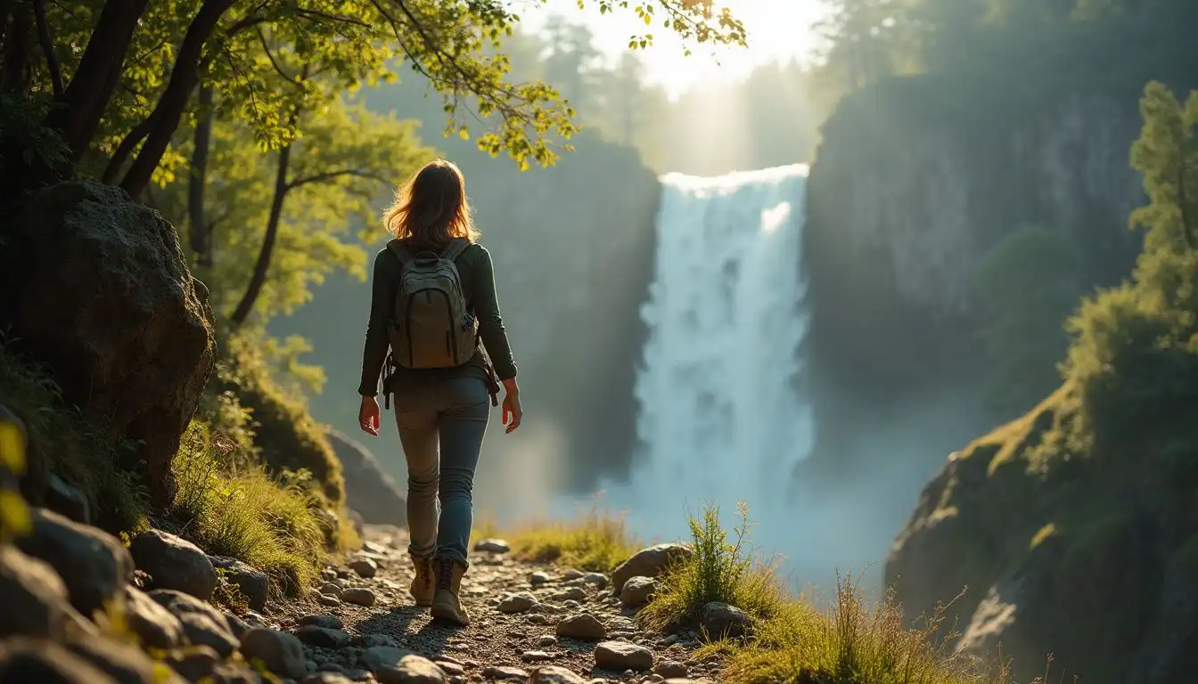 A determined woman hikes a rugged mountain trail near a waterfall. A determined woman hikes a rugged mountain trail near a waterfall.