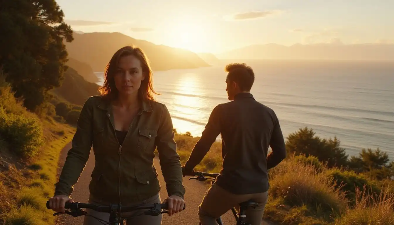 A couple cycles joyfully along a coastal path in New Zealand. A couple cycles joyfully along a coastal path in New Zealand.