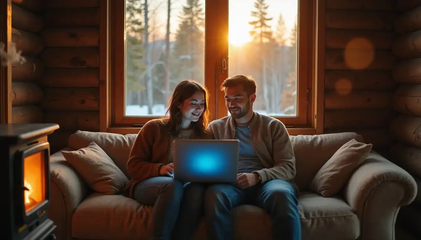 A couple shares a joyful moment together in a cozy cabin.