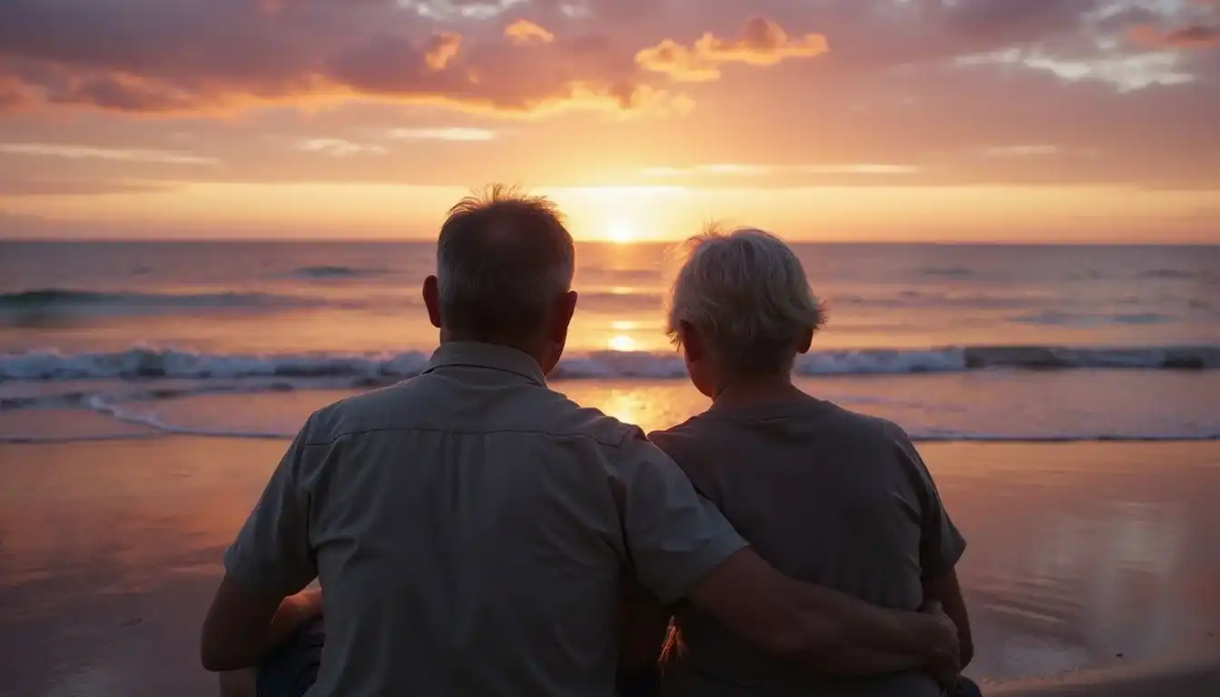 An elderly couple shares a serene moment on a tranquil beach.