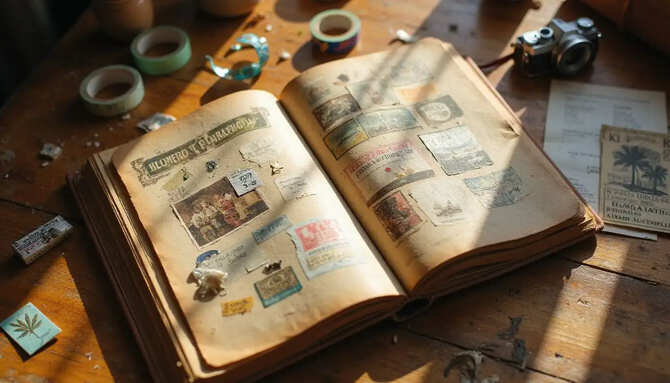A vibrant scrapbook filled with travel memorabilia sprawls on a wooden table. A vibrant scrapbook filled with travel memorabilia sprawls on a wooden table.