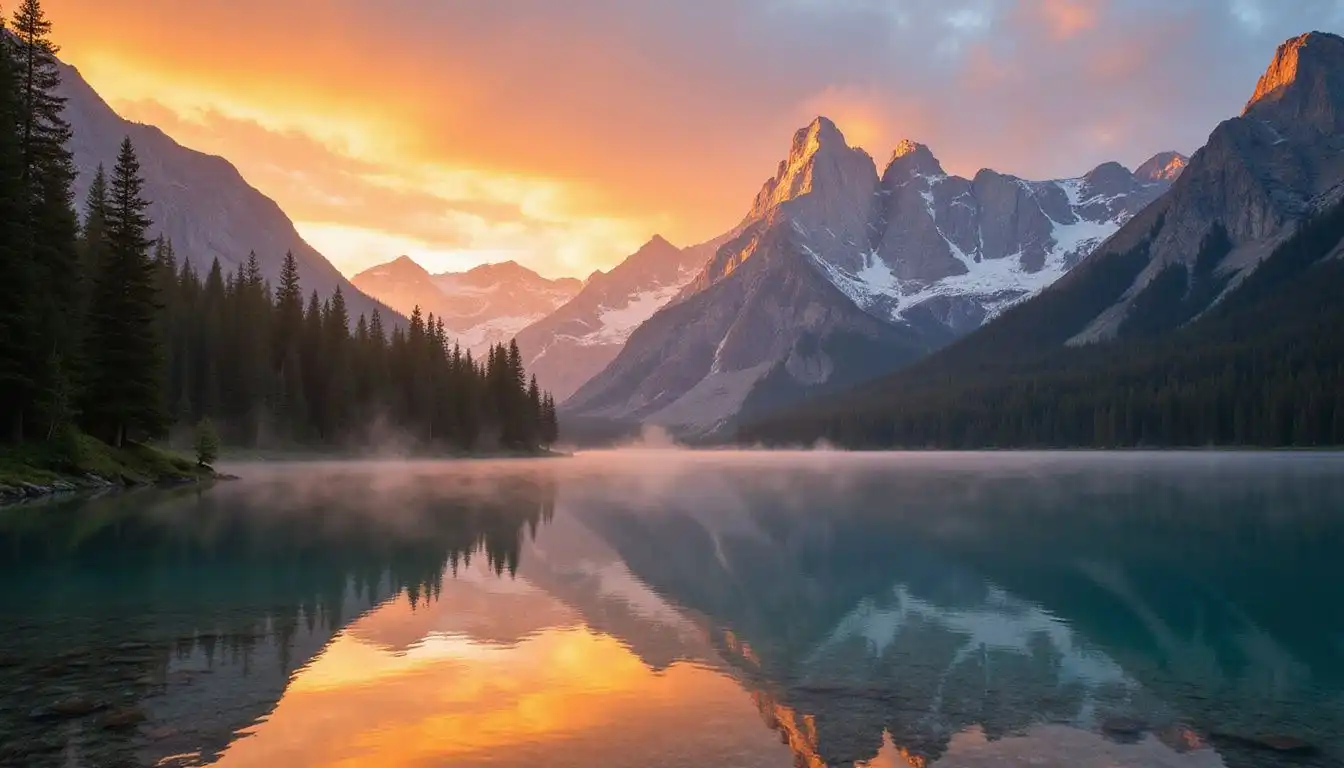 A serene mountain landscape with a reflective lake at sunrise. A serene mountain landscape with a reflective lake at sunrise.
