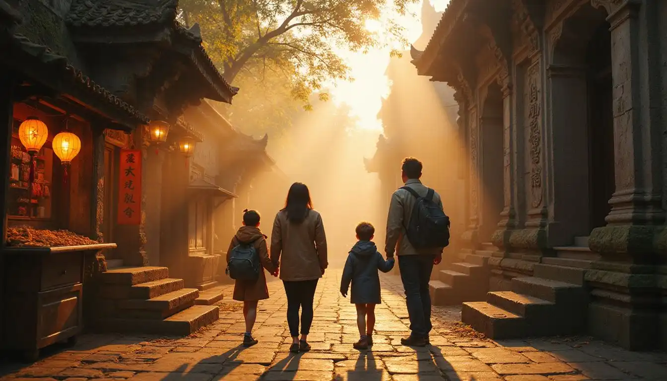 A family explores the majestic temples of Tainan, captivated by history. A family explores the majestic temples of Tainan, captivated by history.
