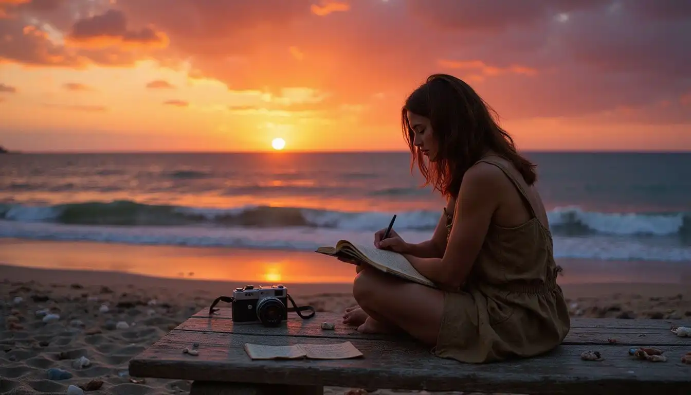 A woman writes in her journal on a secluded beach. A woman writes in her journal on a secluded beach.