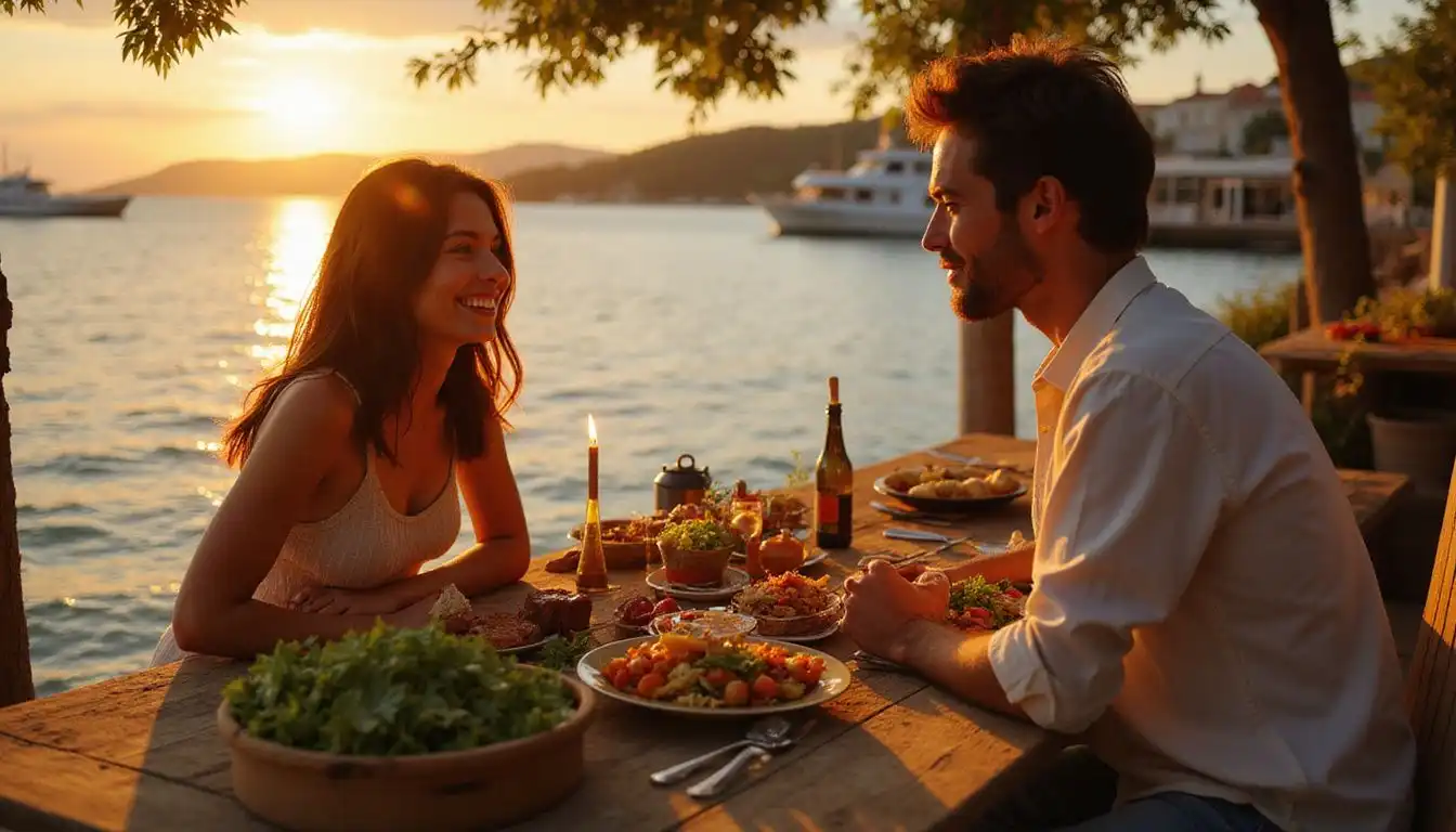 A couple enjoys traditional Croatian dishes by the Adriatic Sea. A couple enjoys traditional Croatian dishes by the Adriatic Sea.