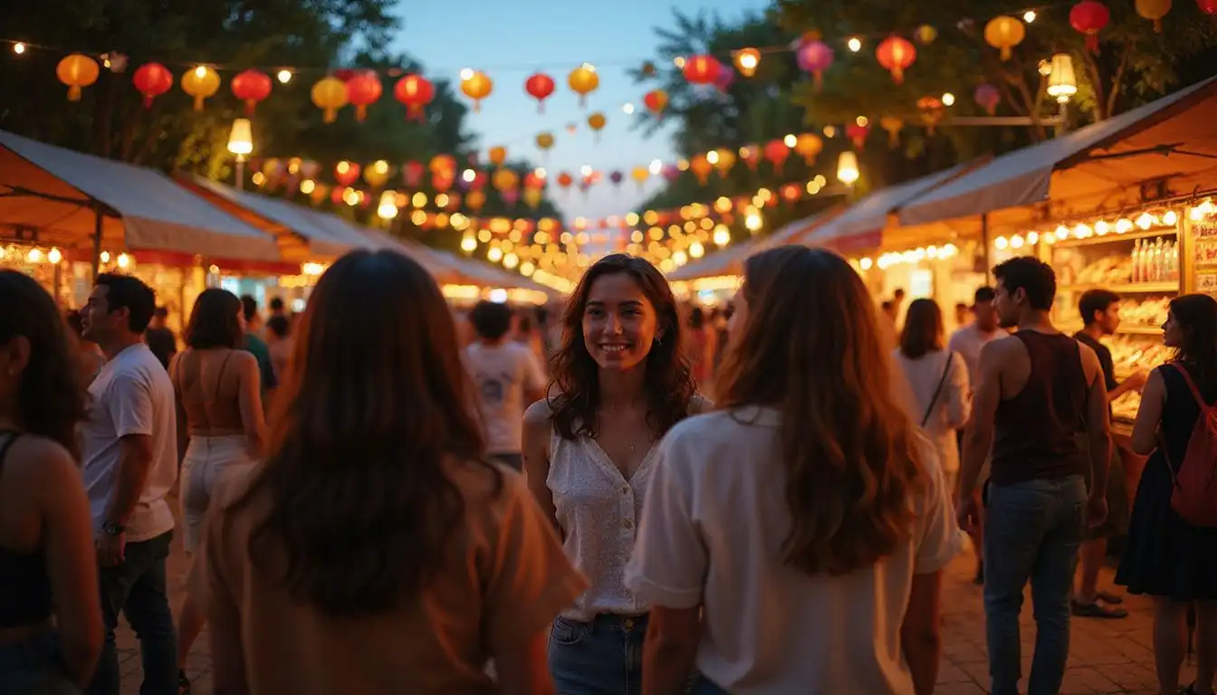 A vibrant outdoor festival captures young adults enjoying cultural festivities together. A vibrant outdoor festival captures young adults enjoying cultural festivities together.