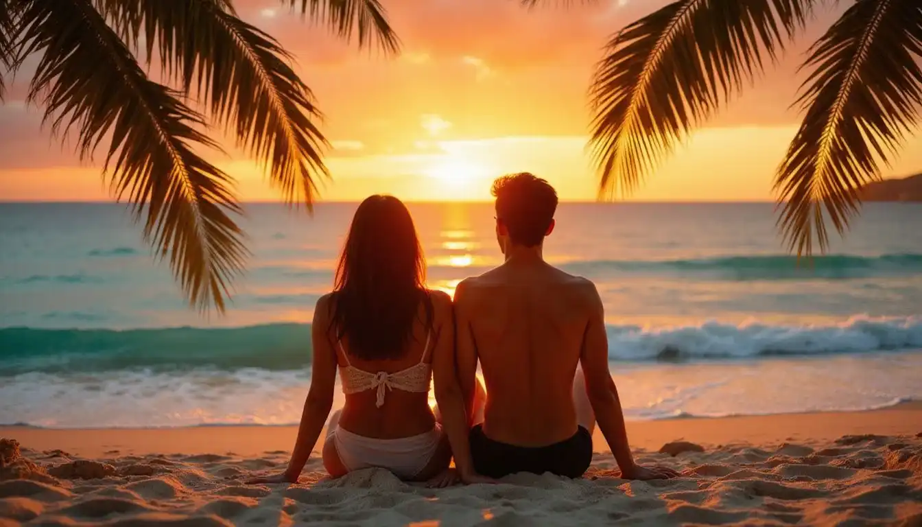 A couple shares a serene moment on a picturesque beach.