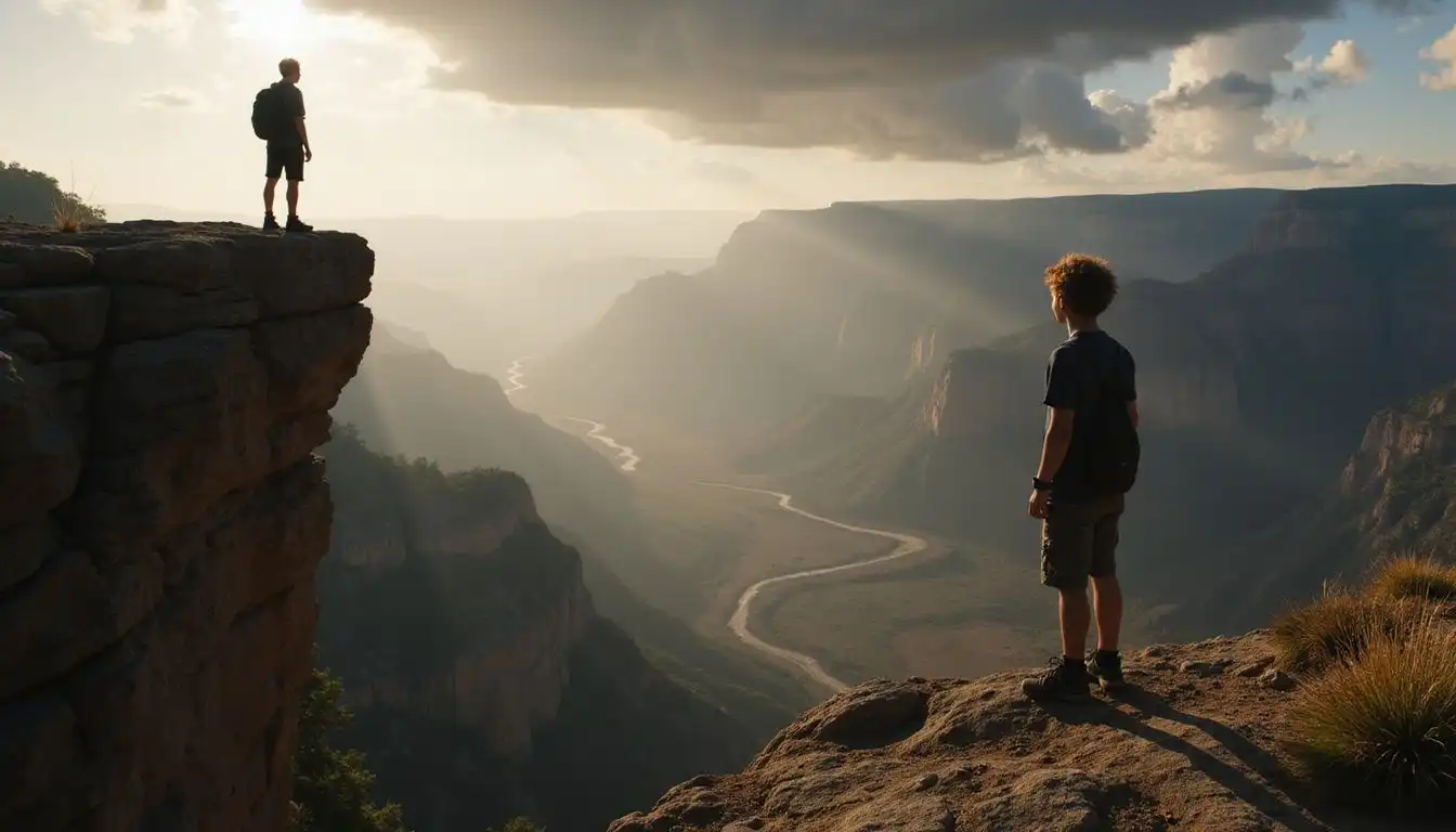 A teenager stands at a cliff's edge, gazing into a vast canyon.