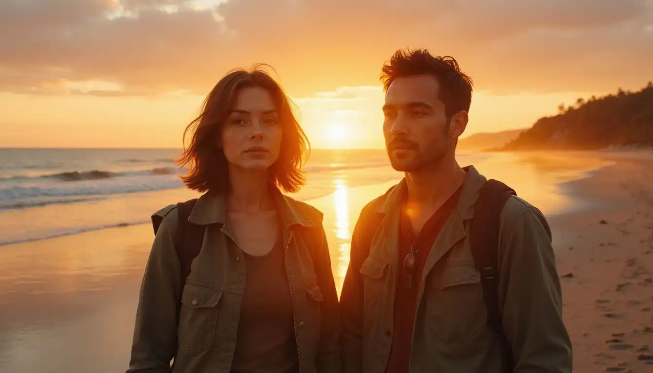 A couple stands peacefully on a serene, empty beach at dawn.