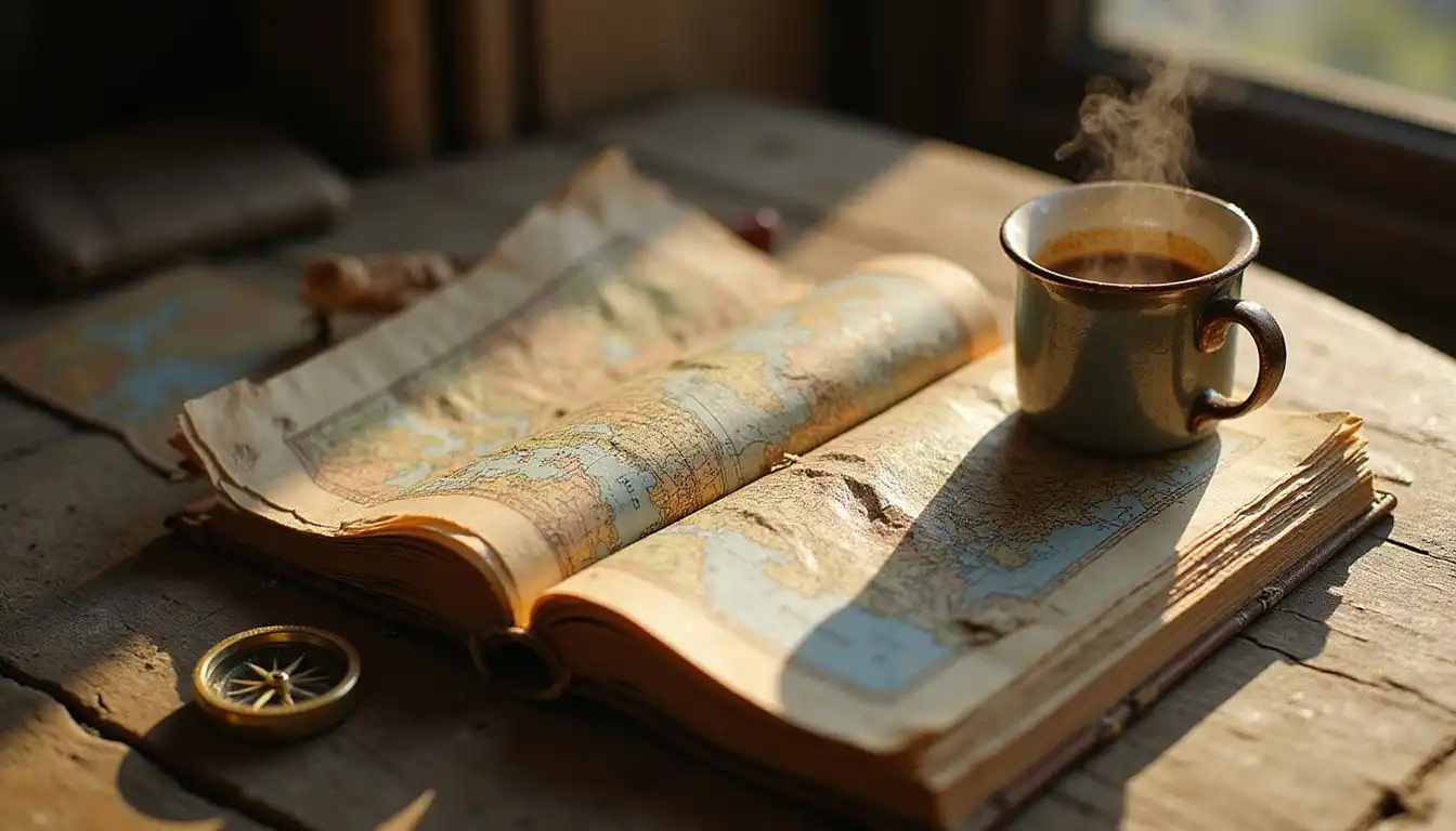 An open travel journal and maps evoke nostalgia for adventure. An open travel journal and maps evoke nostalgia for adventure.