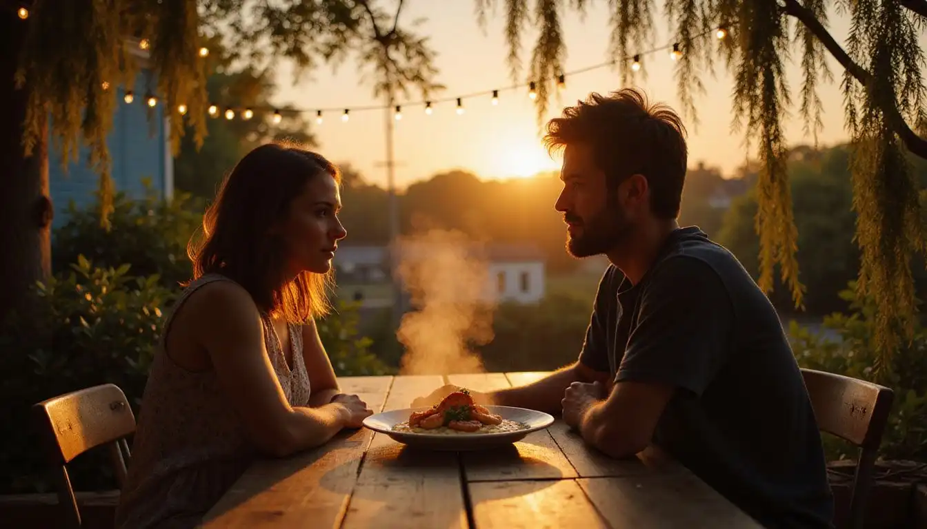 A couple shares an intimate moment over shrimp and grits. A couple shares an intimate moment over shrimp and grits.