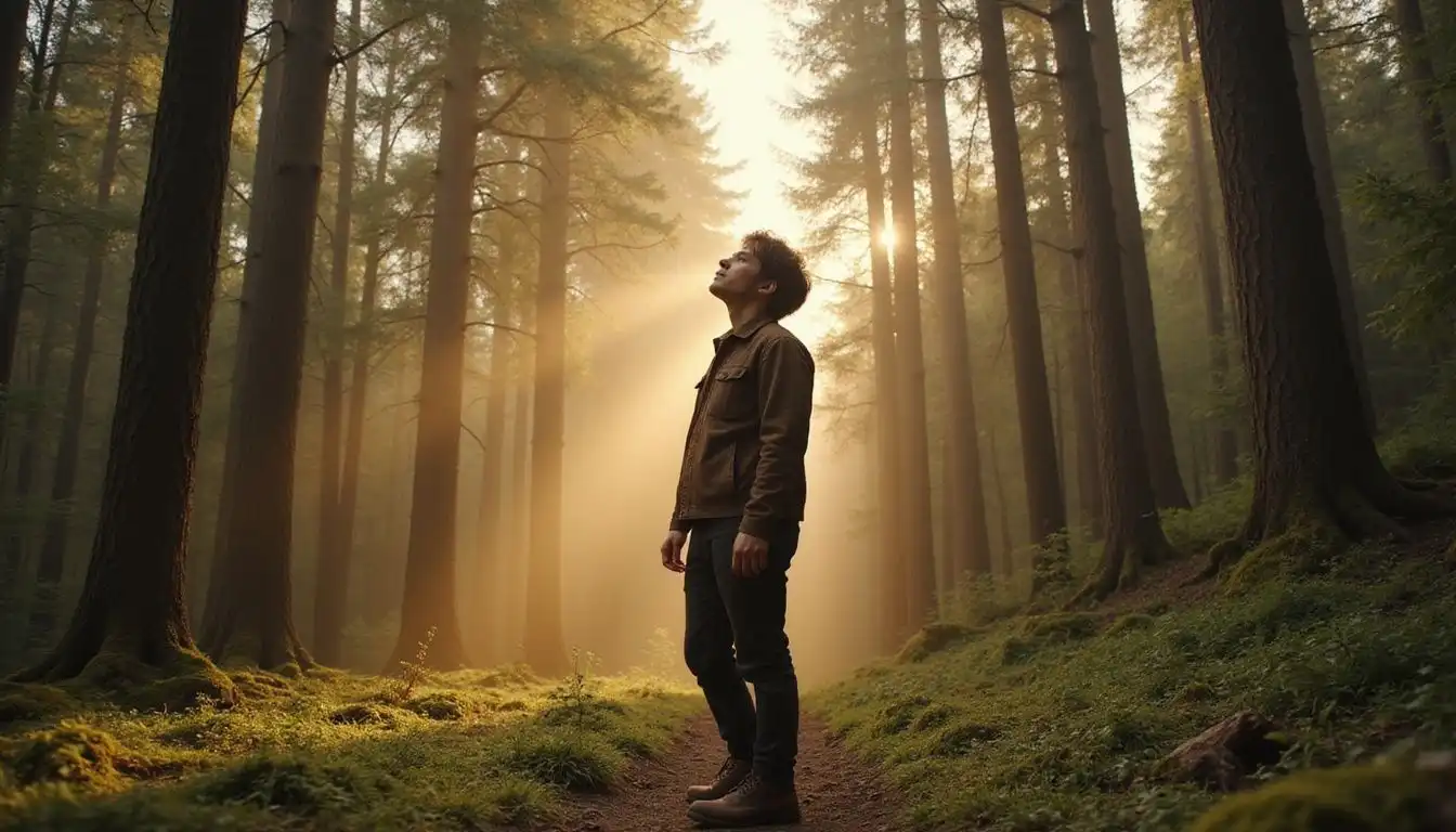 A contemplative hiker stands in awe within a majestic forest. A contemplative hiker stands in awe within a majestic forest.