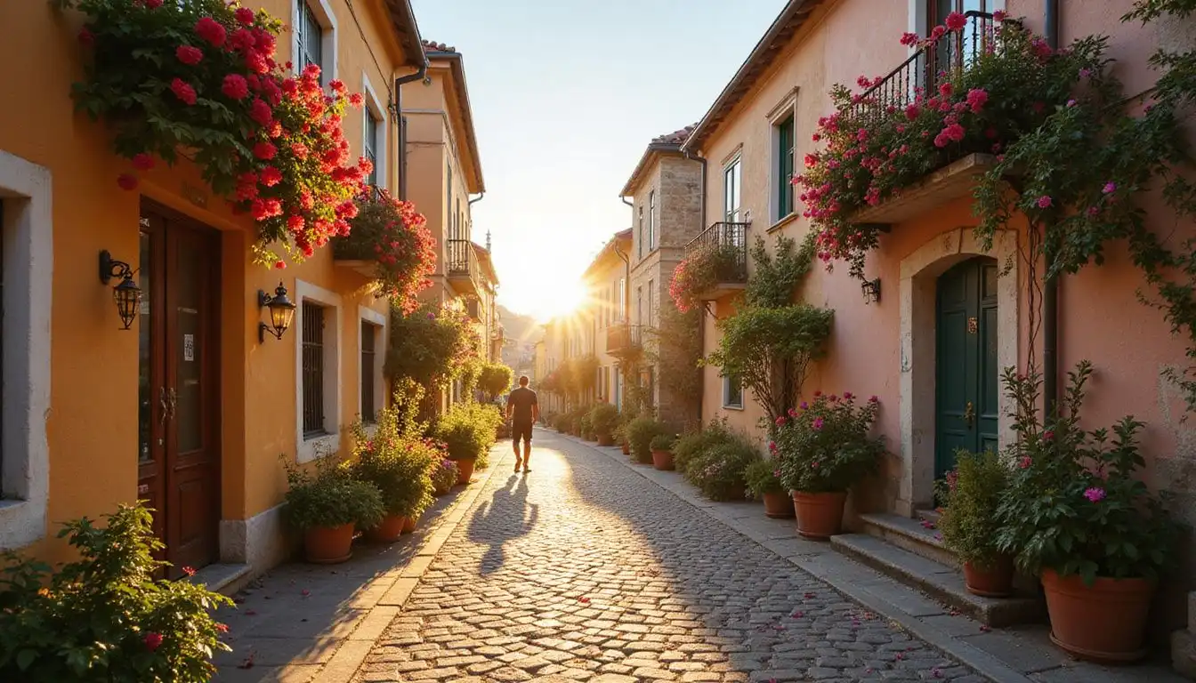 A serene figure enjoys a vibrant, flower-filled European village street.