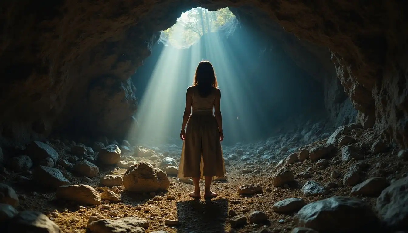 A woman discovers ancient treasure in a shadowy cave. A woman discovers ancient treasure in a shadowy cave.