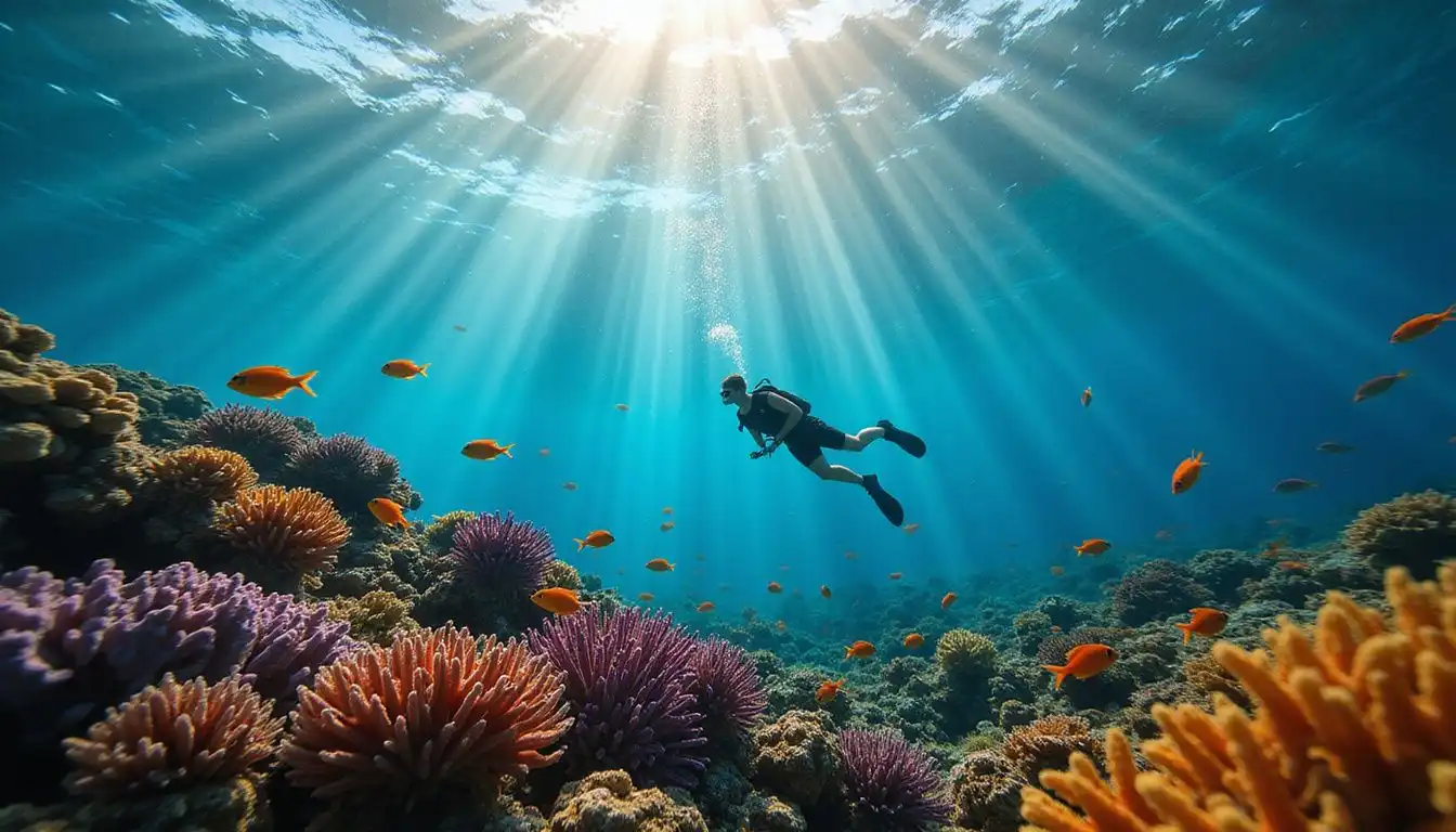 A diver explores the vibrant marine life of the Great Barrier Reef. A diver explores the vibrant marine life of the Great Barrier Reef.